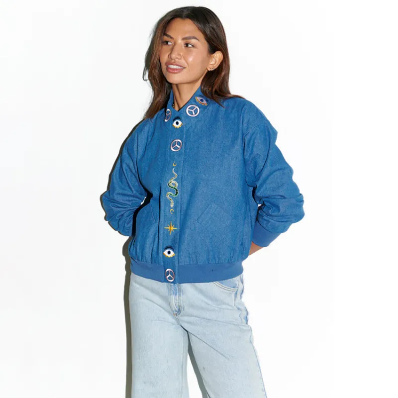 Denim Astrid Bomber sold by Never Fully Dressed
