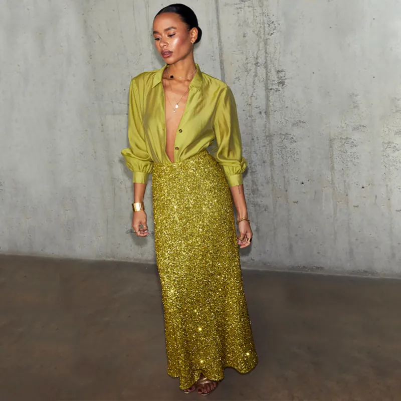 Lime Sequin Dorris Skirt sold by Never Fully Dressed