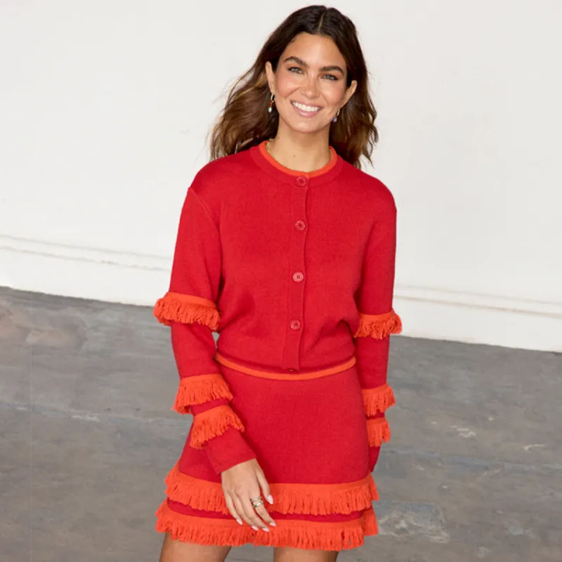 Red Fringe Holly Cardigan sold by Never Fully Dressed