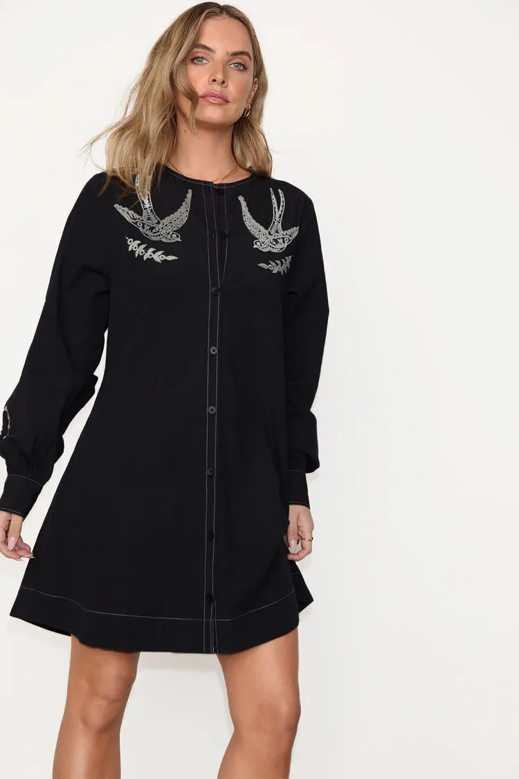 Black Embroidered Swallow Romance Mini Dress sold by Never Fully Dressed product image thumbnail 4