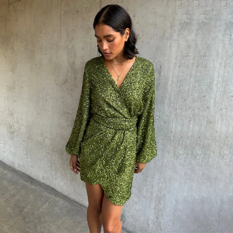 Olive Sequin Mini Vienna Dress sold by Never Fully Dressed
