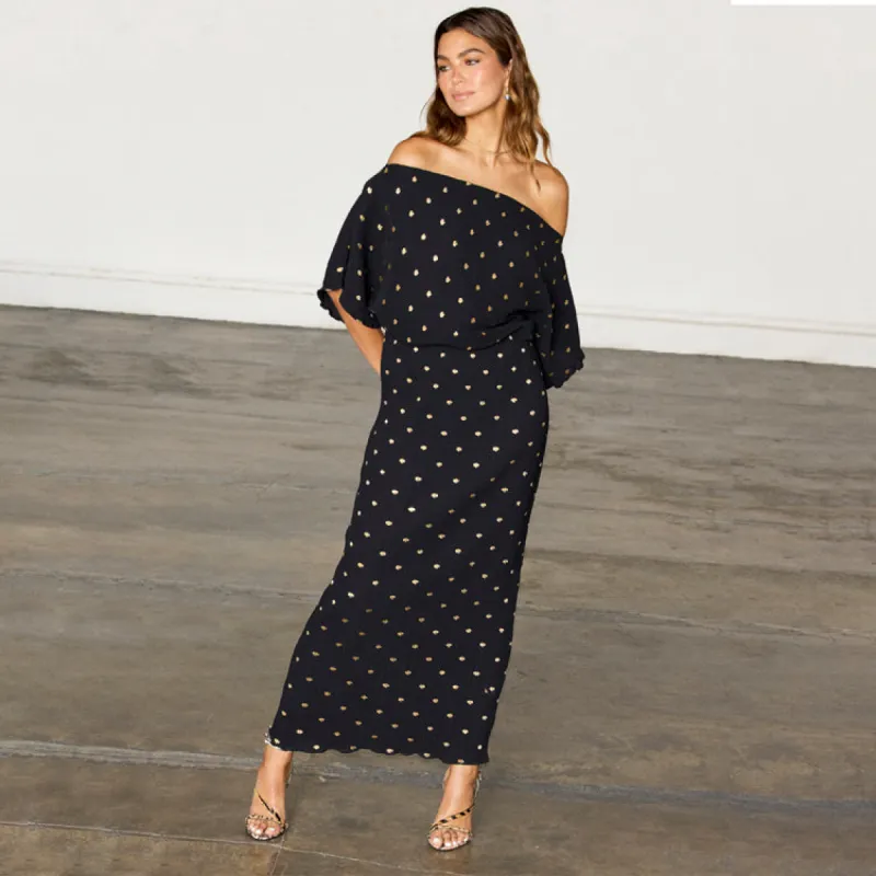 Black Tilly Plisse Dress with Gold Fleck sold by Never Fully Dressed