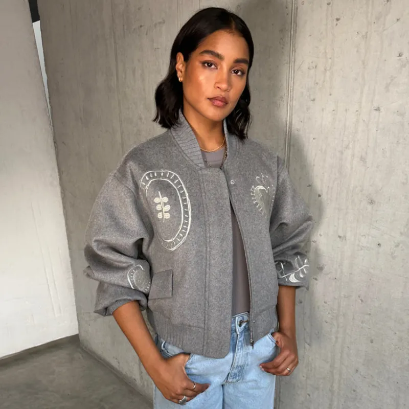 Grey Midnight Romance Bomber sold by Never Fully Dressed