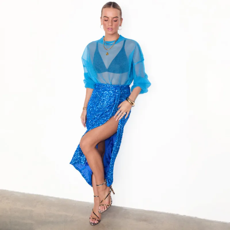 Blue Sequin Jaspre Wrap Skirt sold by Never Fully Dressed