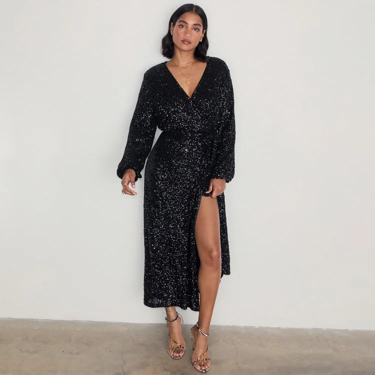 Black Sequin Kira Wrap Dress sold by Never Fully Dressed