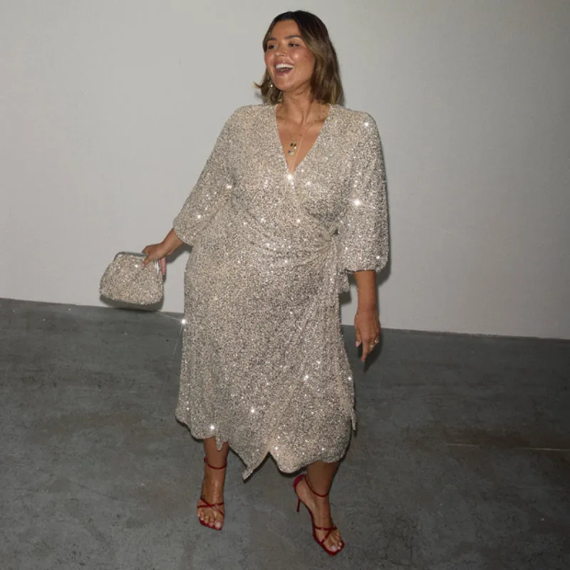 Silver Sequin Kira Wrap Dress sold by Never Fully Dressed