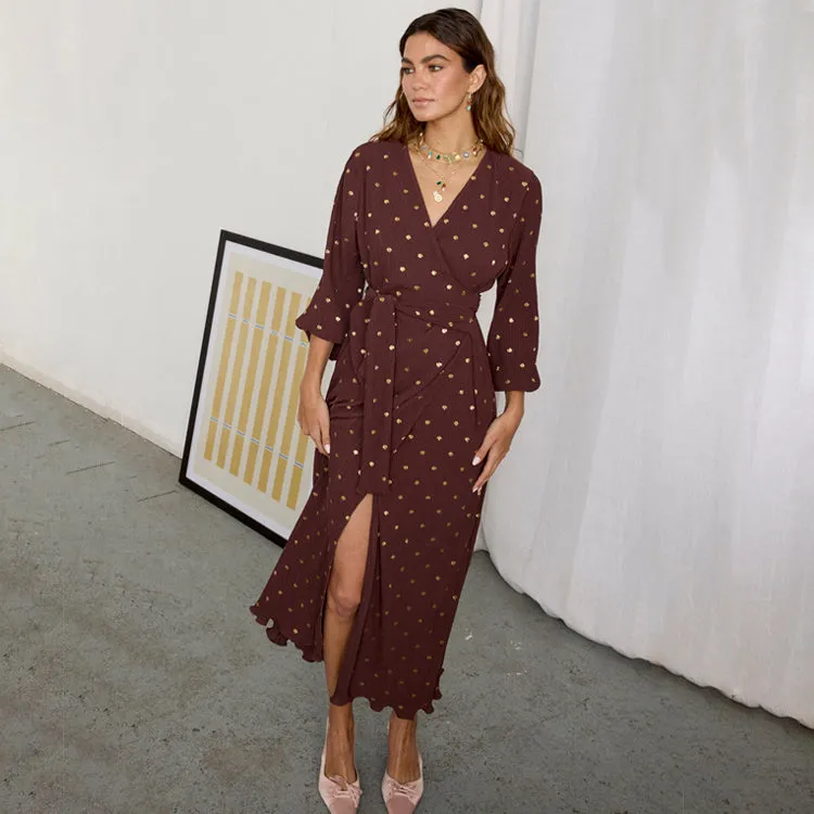 Chocolate Plisse Wrap Dress sold by Never Fully Dressed