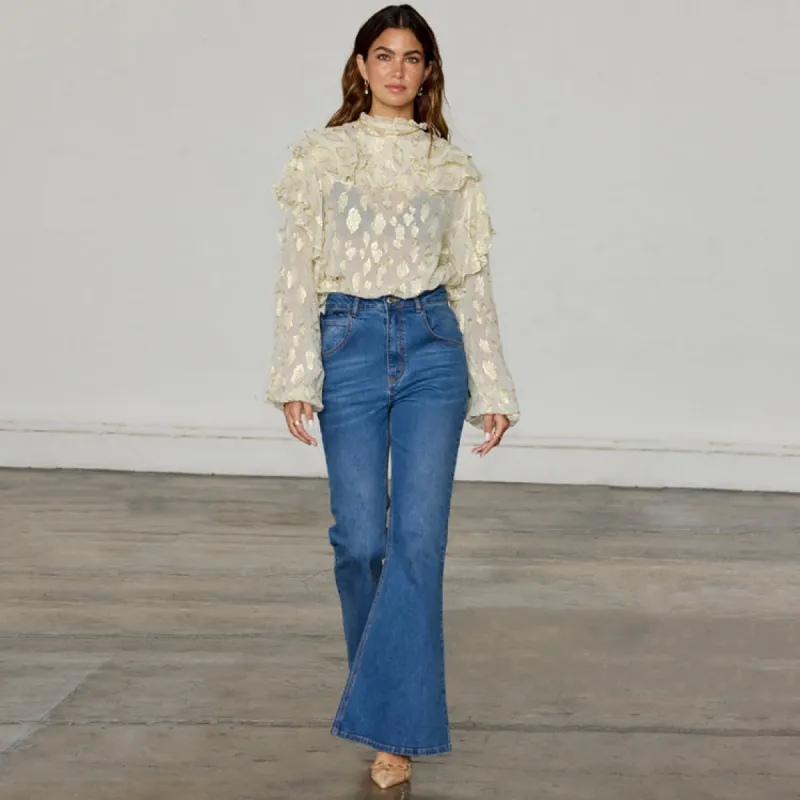 Denim Flare Scallop Jean Petite sold by Never Fully Dressed