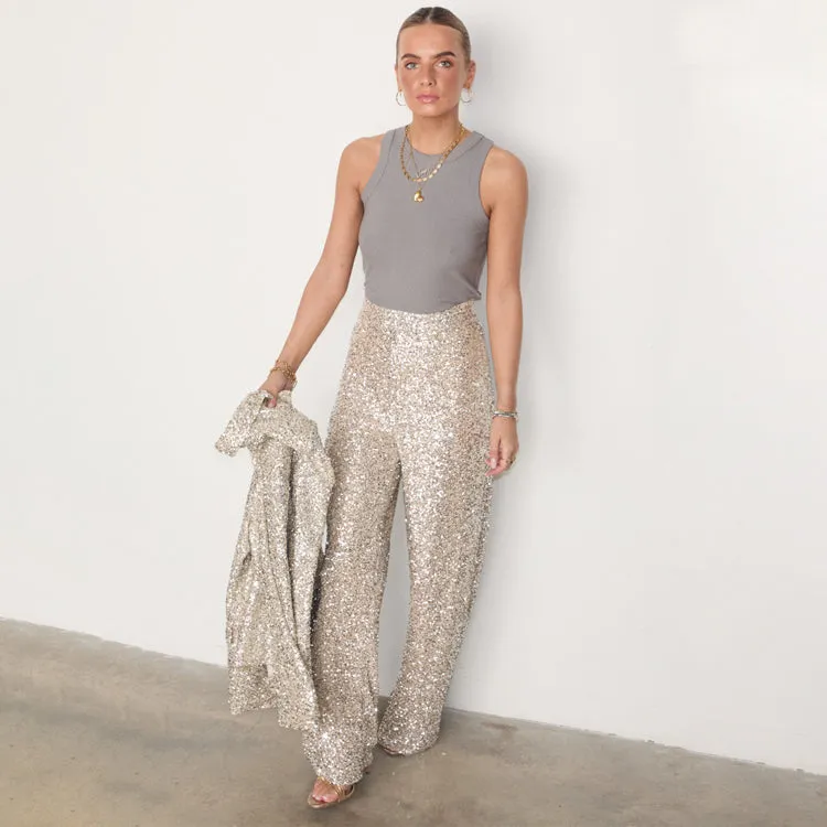 Silver Sequin Freddie Trousers sold by Never Fully Dressed