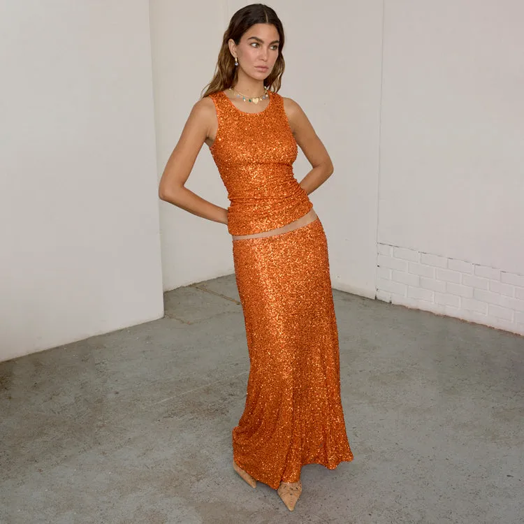Rust Sequin Dorris Skirt sold by Never Fully Dressed