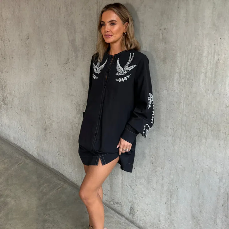 Black Embroidered Swallow Romance Mini Dress Petite sold by Never Fully Dressed