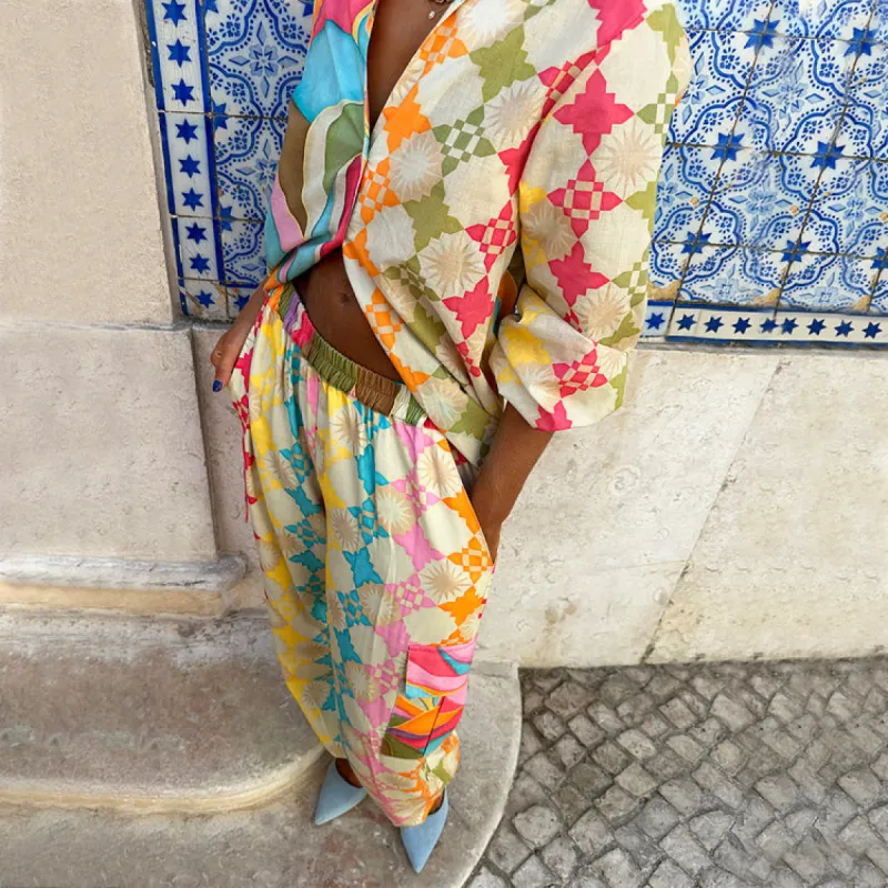 Multi Abstract Cargo Trousers sold by Never Fully Dressed