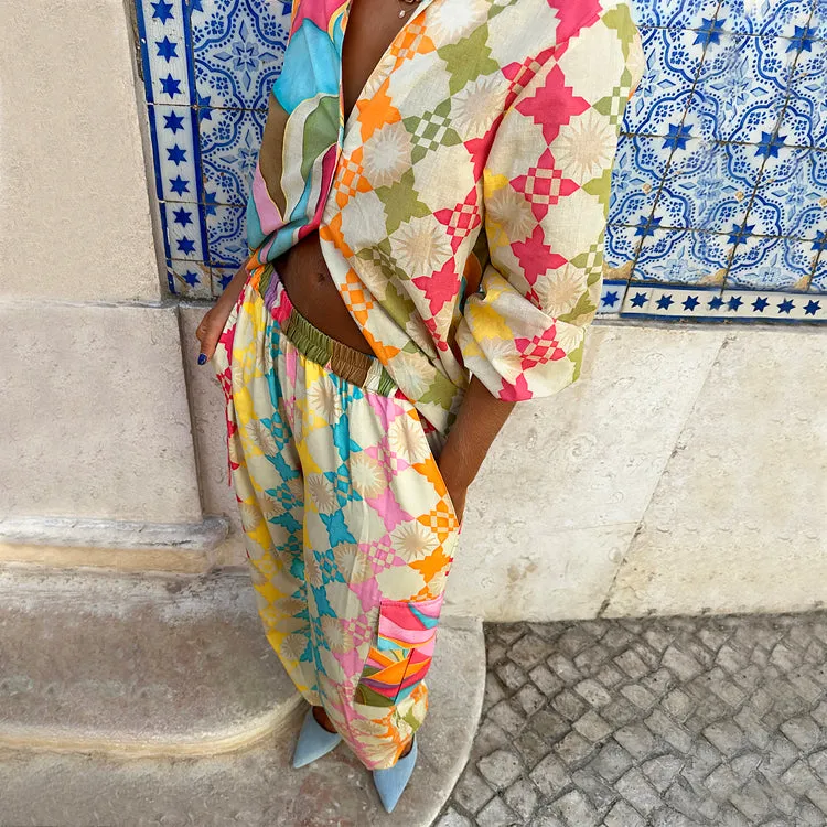 Multi Abstract Cargo Trousers sold by Never Fully Dressed