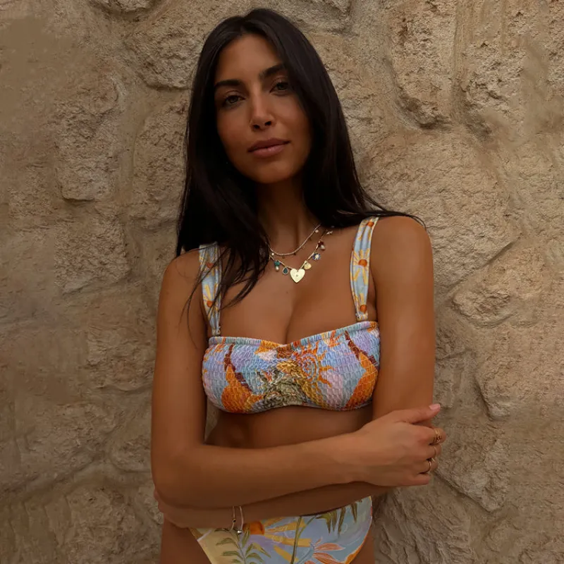 Blue Tropical Ruched Bikini Top made by Never Fully Dressed