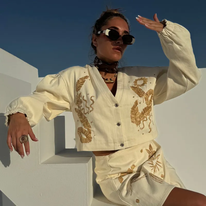 Ecru Cove Raffia Denim Jacket sold by Never Fully Dressed