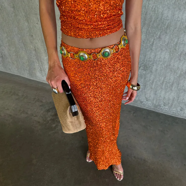 Orange Sequin Dorris Skirt Petite sold by Never Fully Dressed