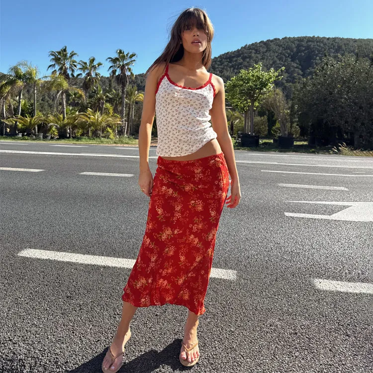Red Floral Midi Skirt sold by Never Fully Dressed