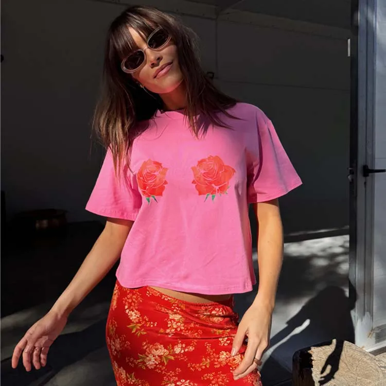 Pink Rose Boob T-Shirt sold by Never Fully Dressed