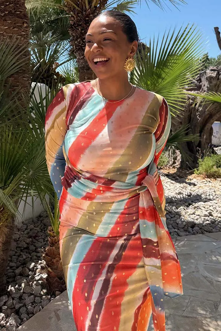 Sunset Stripe Mesh Midi Dress sold by Never Fully Dressed product image thumbnail 2