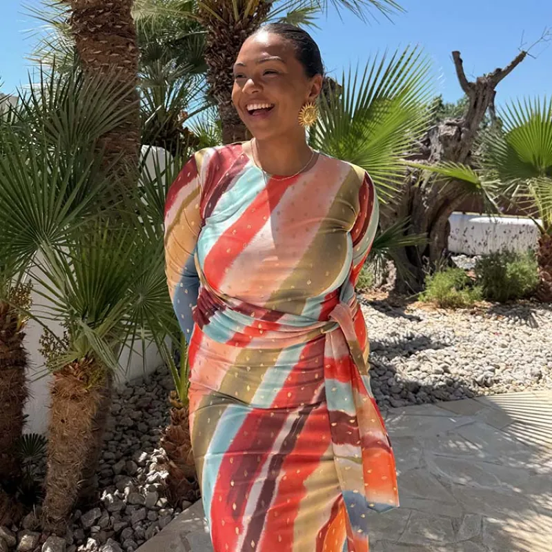 Sunset Stripe Mesh Midi Dress sold by Never Fully Dressed