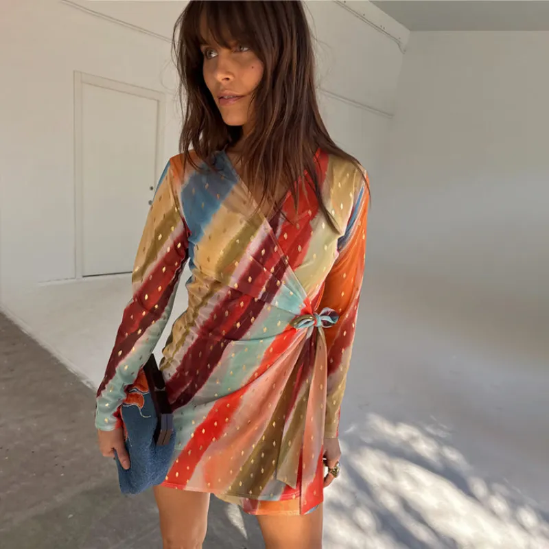 Sunset Stripe Mini Wrap Dress sold by Never Fully Dressed