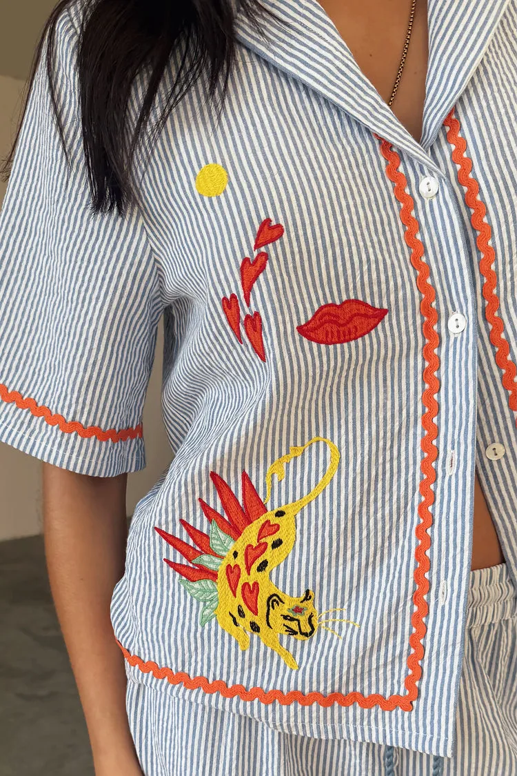 Blue Stripe Embroidered Pyjamas sold by Never Fully Dressed product image thumbnail 4