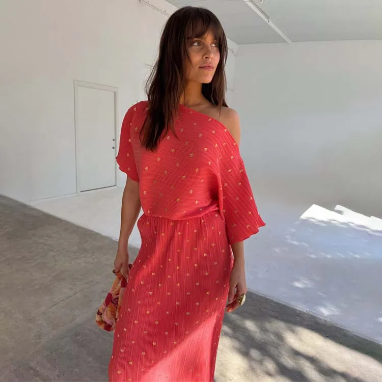 Coral Plisse Tilly Dress sold by Never Fully Dressed