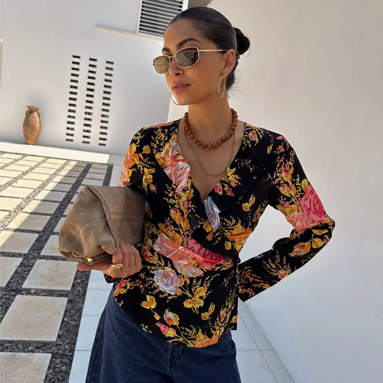 Black Sofia Floral Wrap Top sold by Never Fully Dressed