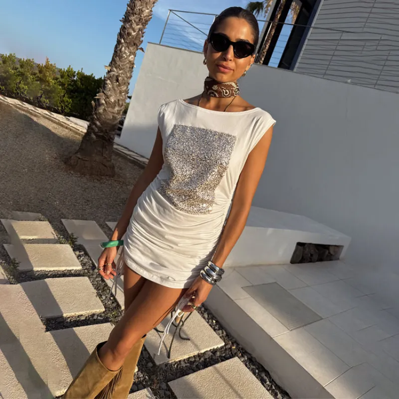 White Sequin Ruched Dress sold by Never Fully Dressed