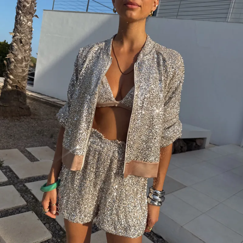 Silver Sequin Bomber Jacket sold by Never Fully Dressed