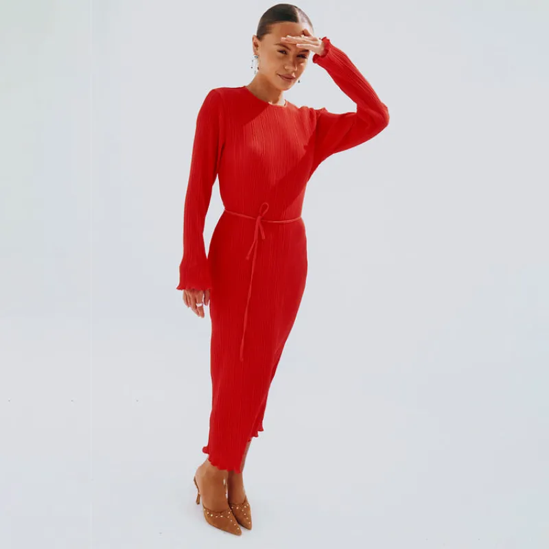 Red Gaia Plisse Dress sold by Never Fully Dressed