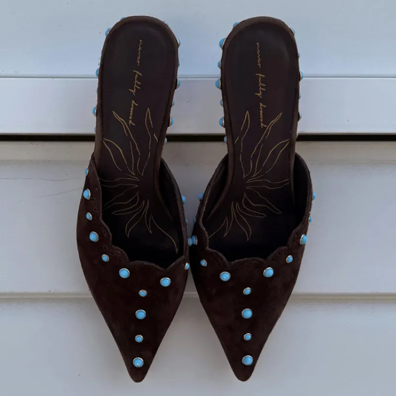 Chocolate Suede Mules with Turquoise Studs sold by Never Fully Dressed