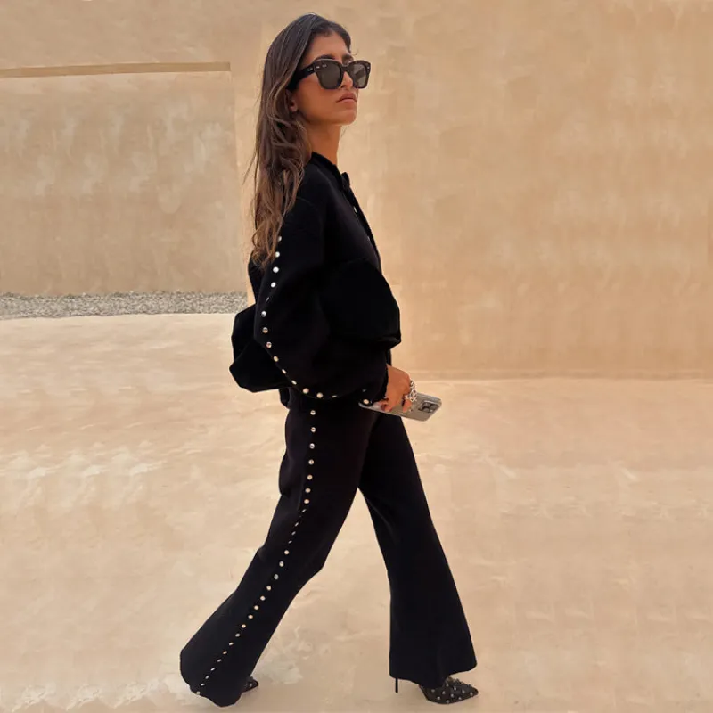 Black Studded Knit Trousers Petite sold by Never Fully Dressed