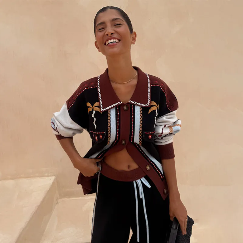 Geometric Knit Cardigan with Embroidery Detail sold by Never Fully Dressed