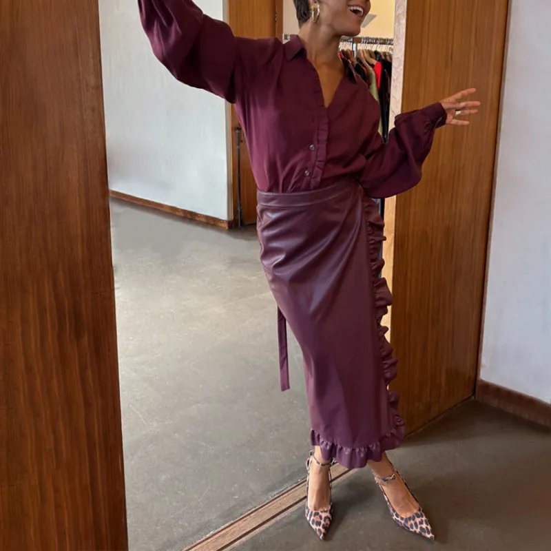Burgundy Vegan Leather Ruffle Jaspre Skirt sold by Never Fully Dressed