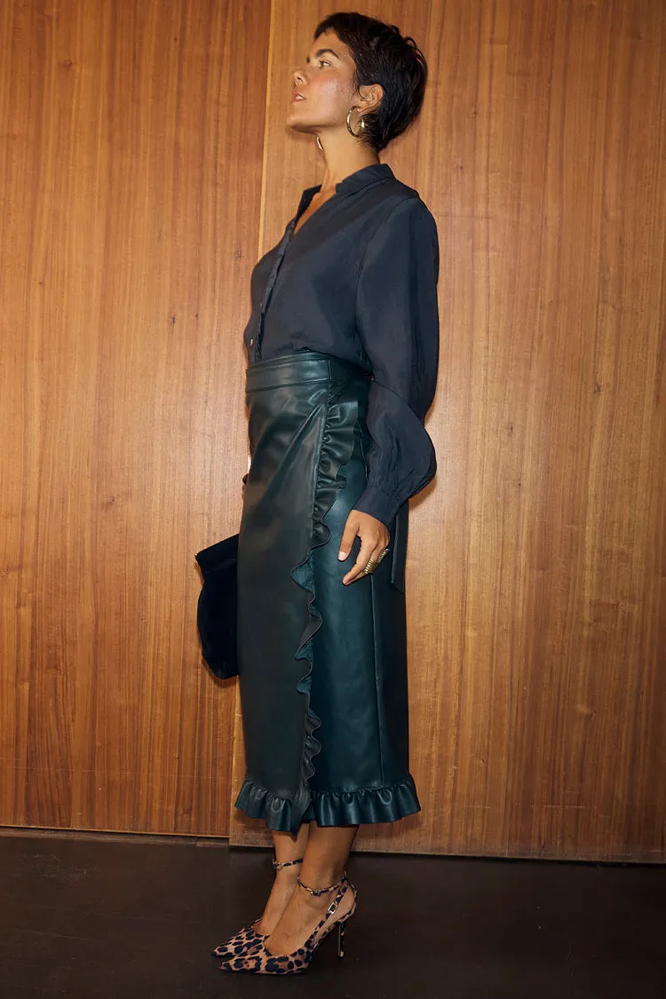Bottle Green Vegan Leather Ruffle Jaspre Skirt sold by Never Fully Dressed product image thumbnail 2