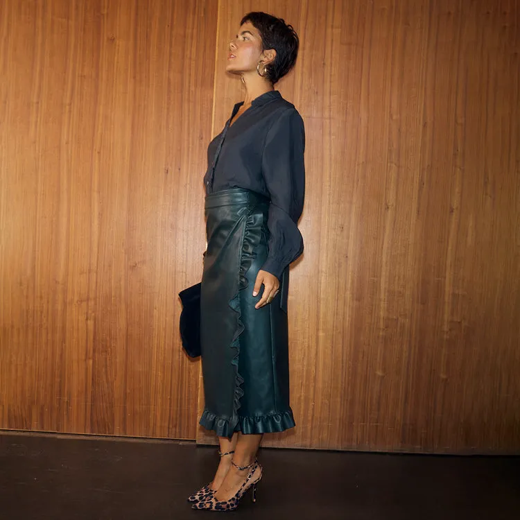 Bottle Green Vegan Leather Ruffle Jaspre Skirt sold by Never Fully Dressed