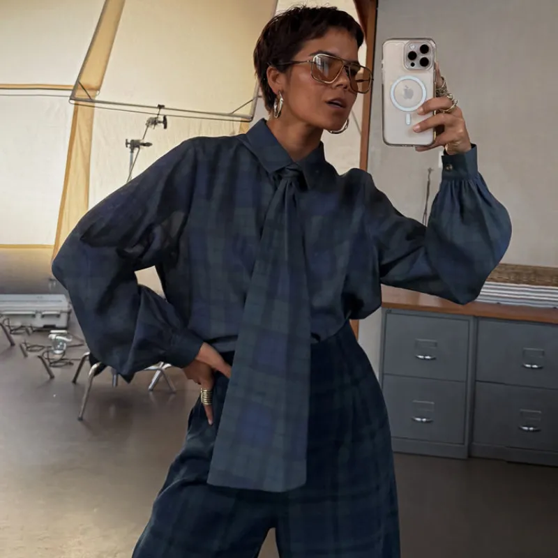 Blue Tartan Shirt with Bow sold by Never Fully Dressed