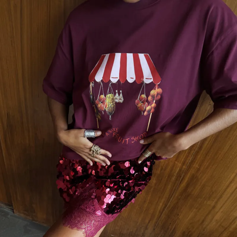 Burgundy Fruit Shop T-Shirt sold by Never Fully Dressed