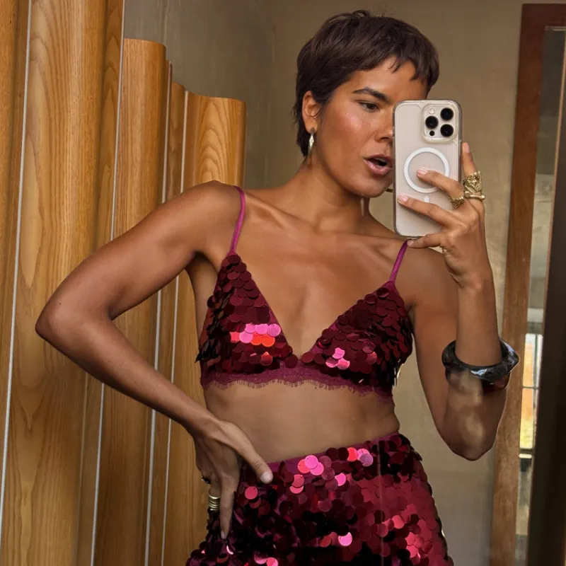 Burgundy Sequin Bra with Lace Trim made by Never Fully Dressed