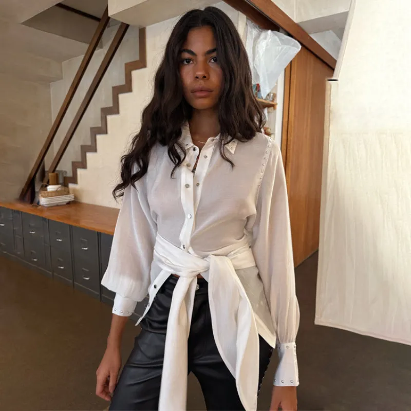 White Studded Tie Back Shirt sold by Never Fully Dressed