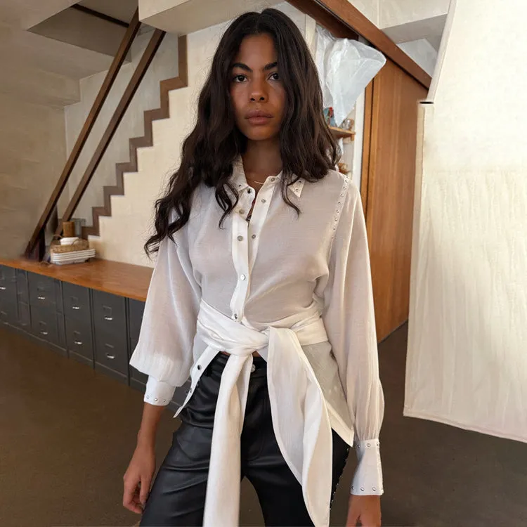 White Studded Tie Back Shirt sold by Never Fully Dressed