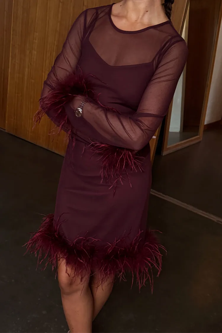 Wine Mesh Feather Mini Dress sold by Never Fully Dressed product image thumbnail 2