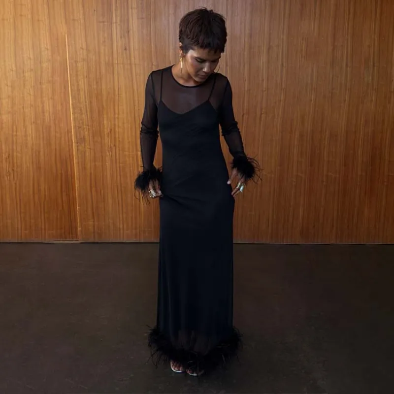 Black Mesh Feather Trim Dress sold by Never Fully Dressed