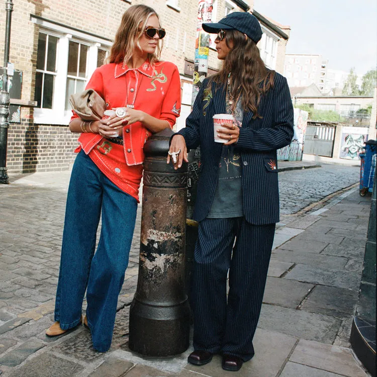 Navy Pinstripe Arden Trousers sold by Never Fully Dressed