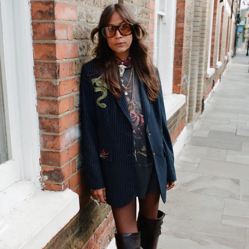 Navy Pinstripe Taylor Blazer sold by Never Fully Dressed