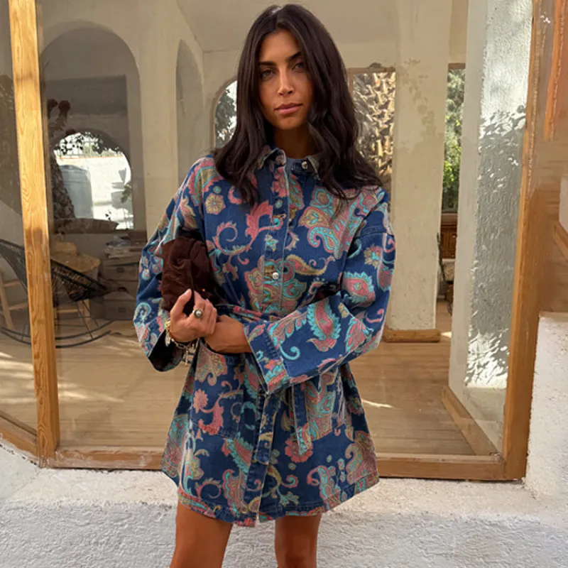 Denim Paisley Belted Shacket sold by Never Fully Dressed