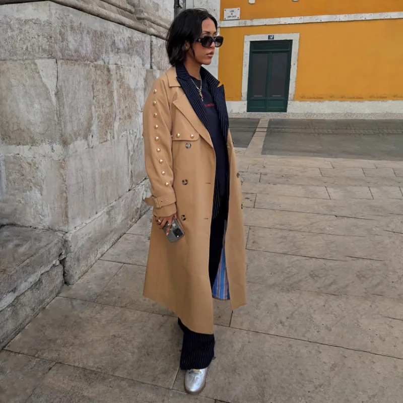 Tan Trench Coat with Gold Studs made by Never Fully Dressed