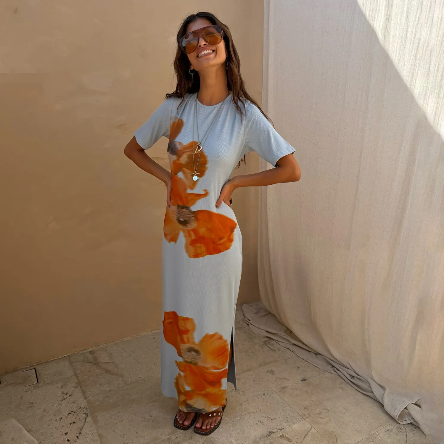 Ice Blue Floral Rib Dress sold by Never Fully Dressed