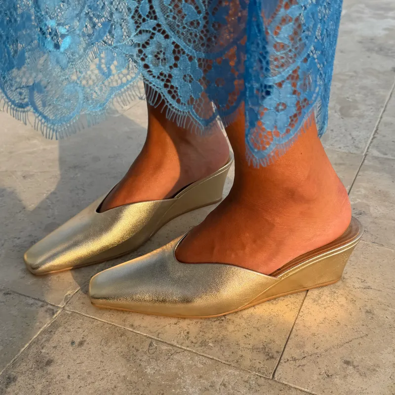 Gold Wedge Mule made by Never Fully Dressed